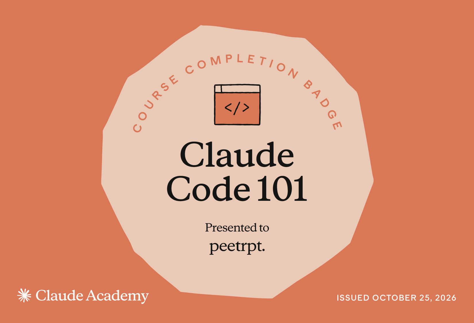 Claude Code 101 course completion badge from Claude Academy